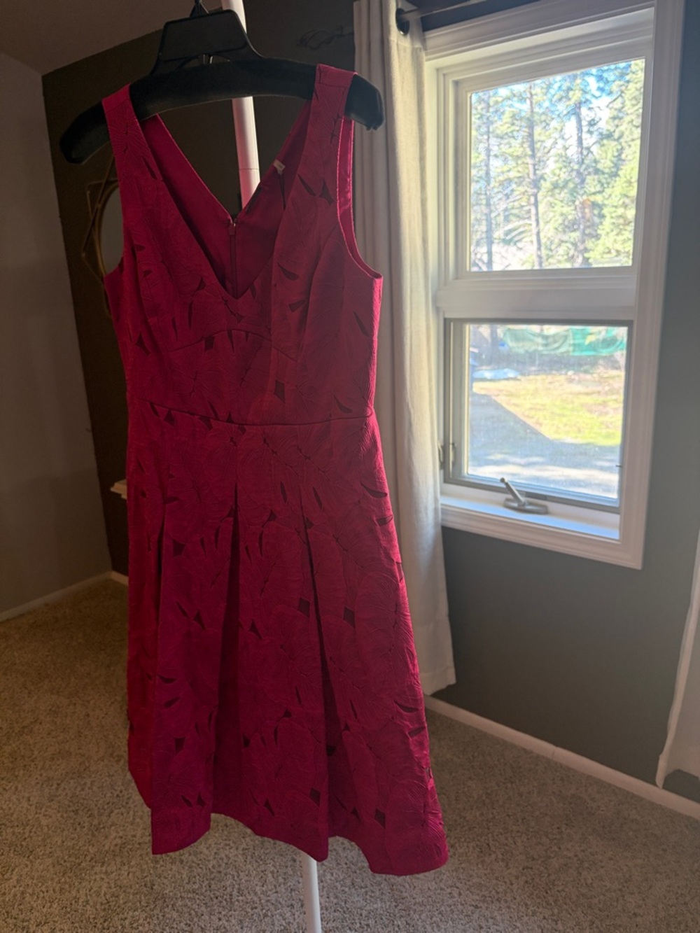 Elie Tahari Magenta V-Neck Fit & Flare Midi Dress with perfect wide pleats